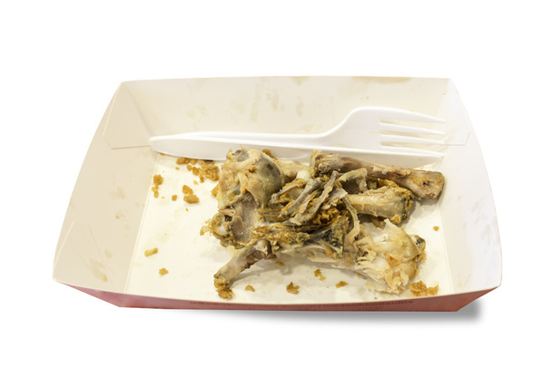 Σπατάλη τροφίμων σε πλάκες χαρτί με πλαστικά μαχαίρια και πιρούνια απομόνωση - Φωτογραφία, εικόνα
