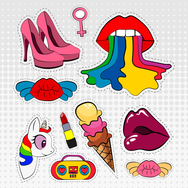Ensemble d'icônes vectorielles d'autocollants de différentes couleurs des années 80-90 dans un style comique
 - Vecteur, image