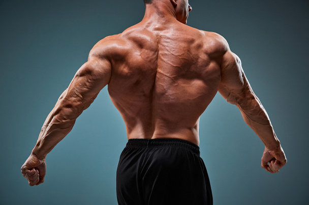 torso of attractive male body builder on gray background. - Foto, Bild