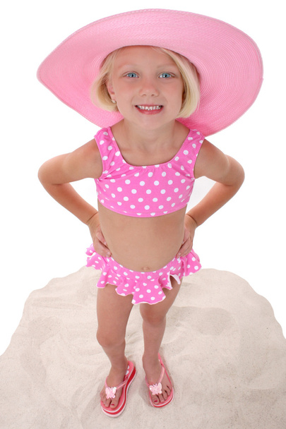 Beautiful Little Girl In Pink Swim Suit And Large Hat - Foto, imagen