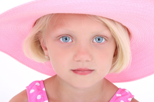 Beautiful Little Girl In Pink Swim Suit And Large Hat - Fotoğraf, Görsel