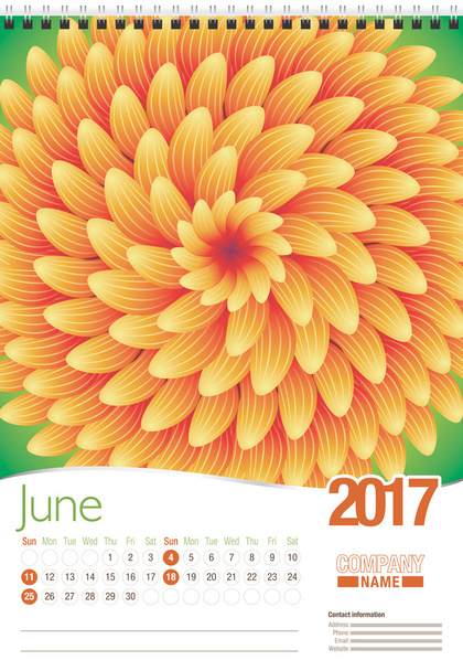 Června nástěnné kalendář na rok 2017 šablona s abstraktní květinovým vzorem, připravené pro tisk. Velikost: 297 mm x 420 mm. vertikální formát. Anglická verze - Vektor, obrázek