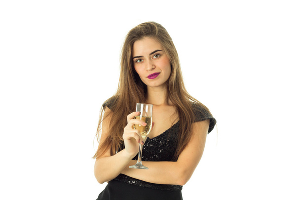 cheerful girl with purple lips and glass of champagne - Фото, зображення