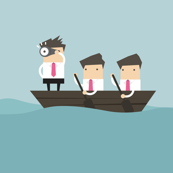 Businessmen in rowing boat two rowers one captain manager boss leader. - Vector, Image