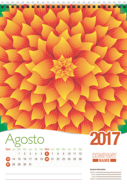 Agosto-srpna ve španělském jazyce zeď šablony kalendáře 2017 s abstraktní květinovým vzorem, připravené pro tisk. Velikost: 297 mm x 420 mm. vertikální formát. Španělská verze - Vektor, obrázek