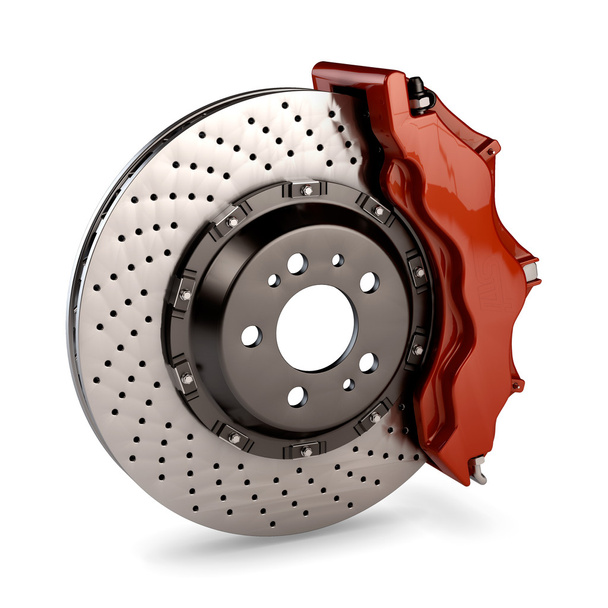 disk a červené třmen kotoučové brzdy ze závodního vozu izolované na bílém - Fotografie, Obrázek