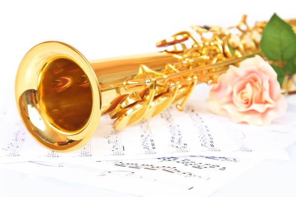 Rosa rosa, saxofón y hoja de música
 - Foto, Imagen