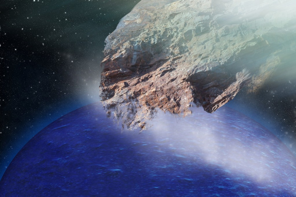 метеориты врезаются в планету. Астероиды пояса в космосе на звездном фоне
. - Фото, изображение