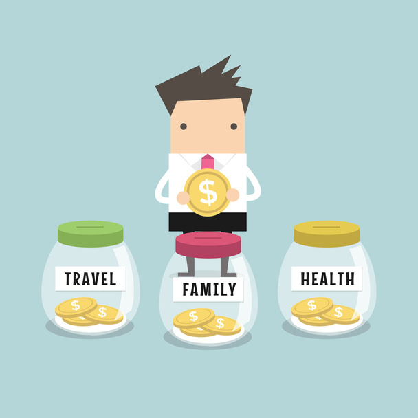 Empresário economizando dinheiro para Família, Saúde e Viagens
 - Vetor, Imagem