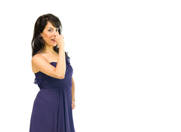 τόνισε γυναίκα με φόρεμα που δαγκώνει τα νύχια - Φωτογραφία, εικόνα