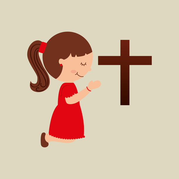 щаслива дівчина молиться з великим дизайном піктограми Біблії
 - Вектор, зображення