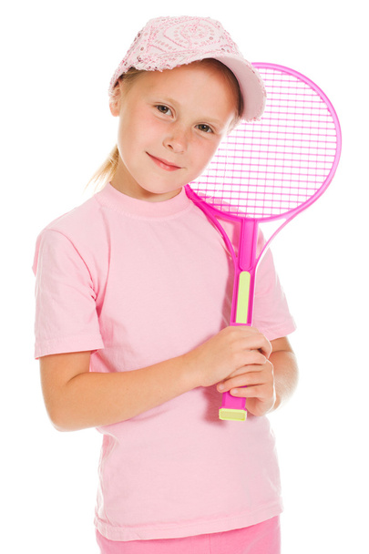 little girl with plays tennis - 写真・画像