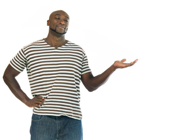 homem americano africano apresentando com a mão
 - Foto, Imagem
