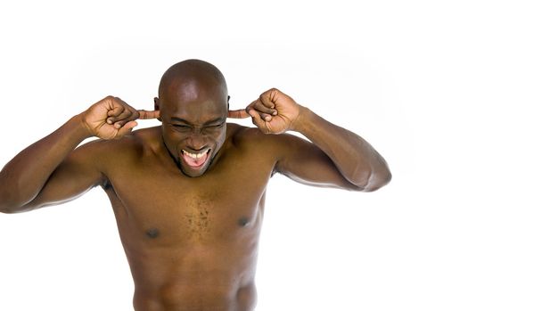 afro-americano homem entupindo ouvidos
 - Foto, Imagem