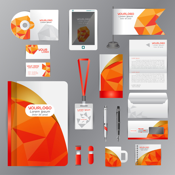 Plantilla de identidad blanca con elementos de origami naranja. Vector com
 - Vector, imagen