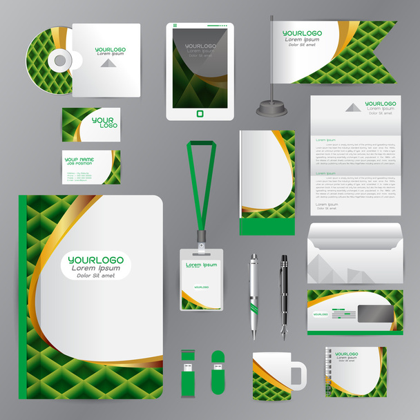 White identity template with green origami elements. Vector comp - Διάνυσμα, εικόνα