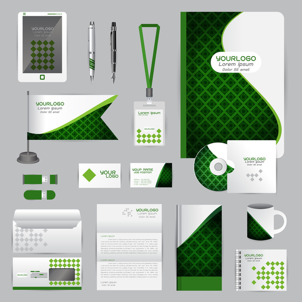 weiße Identitätsvorlage mit grünen Origami-Elementen. Vektor comp - Vektor, Bild
