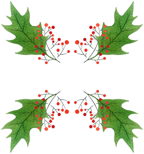 background with green Christmas holly leaves and berries.watercolor hand drawn pattern. - Photo, Image