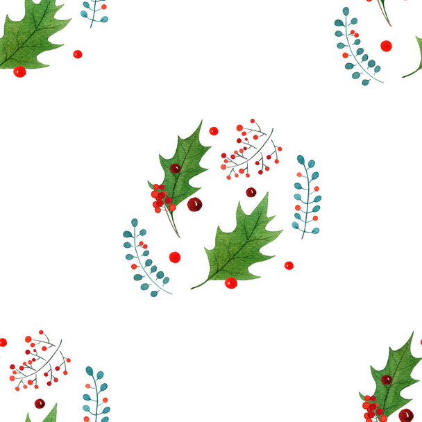 watercolor christmas holly textile print. holiday design isolated on white background. - Photo, image