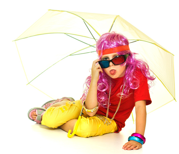 A girl in fancy clothes, umbrella and 3d glasses - Foto, imagen