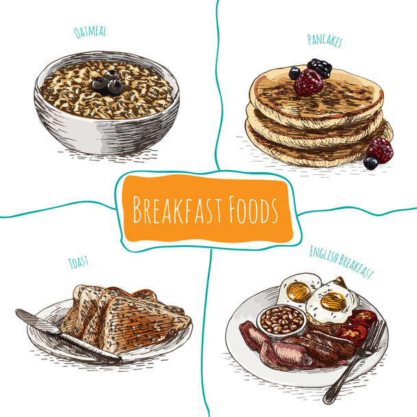 Colorful illustration of breakfast foods. - Вектор, зображення