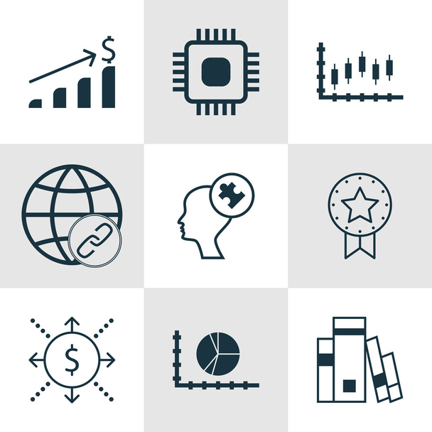 Set von 9 universell editierbaren Symbolen. kann für Web-, Mobil- und App-Design verwendet werden. beinhaltet Symbole wie Geschenk-Abzeichen, Börse, erfolgreiche Investitionen und mehr. - Vektor, Bild