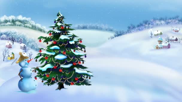 Χιονάνθρωπος και χριστουγεννιάτικο δέντρο σε μια υπέροχη μέρα του χειμώνα - Πλάνα, βίντεο