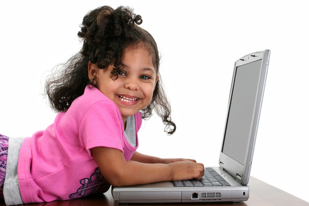 Toddler Girl in Pink with Laptop - Фото, изображение