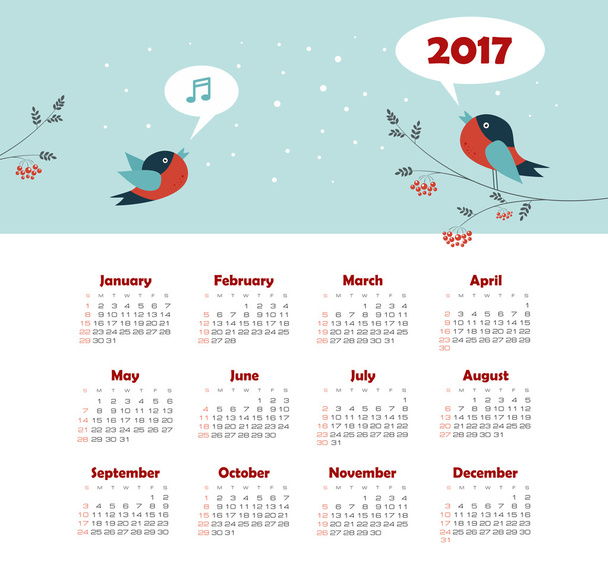 Ημερολογιακό έτος 2017 με το πουλί. Ημέρα έναρξης της εβδομάδας Κυριακή - Διάνυσμα, εικόνα