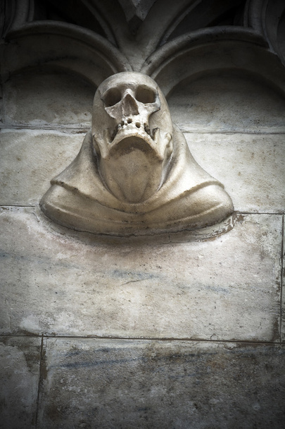 Detalle del cráneo en piedra en el exterior de la catedral
 - Foto, Imagen