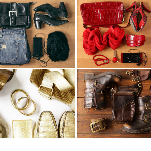 κολάζ, ορίστε casual μόδα Ορισμός Ρούχα - τζιν, παπούτσια, αξεσουάρ - Φωτογραφία, εικόνα