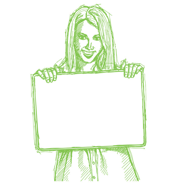 Ескіз щасливої ділової жінки, що тримає порожню білу картку
 - Вектор, зображення