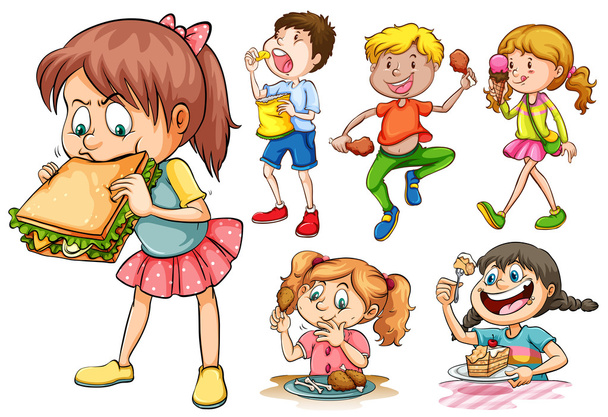 Jungen und Mädchen essen verschiedene Nahrungsmittel - Vektor, Bild