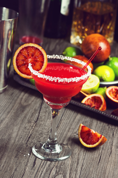 Blood Orange Margarita with Salted Rim on Bar - Photo, Image