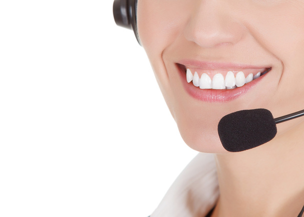 How can I help you? Call center operator against white - Фото, изображение