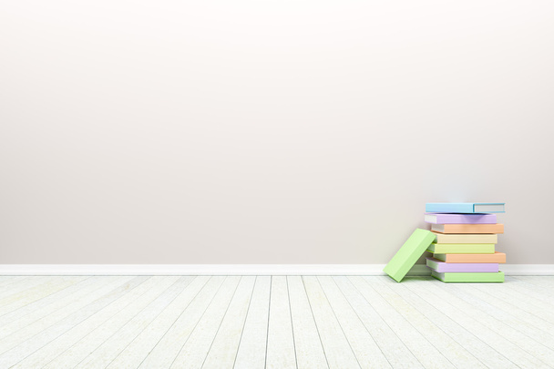 Camera pastello vuota interna con pavimento in legno e libri, Per dis
 - Foto, immagini