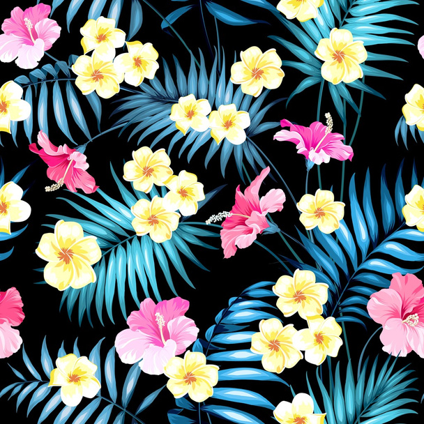 Tropical flowers and jungle palms. - Vector, Imagen