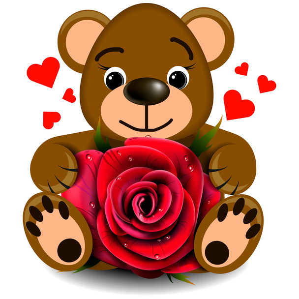 Love bear toy with realistic red rose - Vector, Image