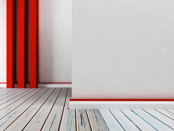 leerer Raum mit drei roten Tafeln. 3d - Foto, Bild