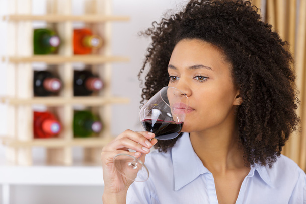 young woman with glass of red wine closeup - Photo, Image