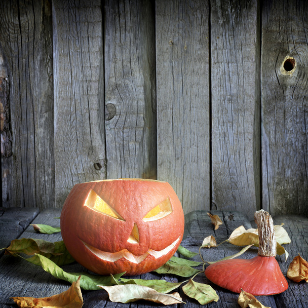 Calabazas de Halloween en viejas tablas grunge con hojas de fondo
 - Foto, imagen