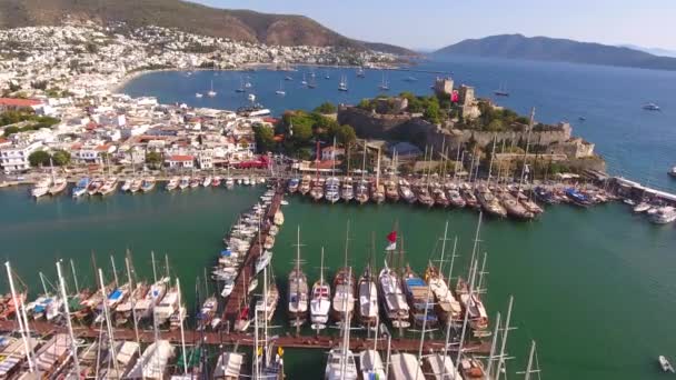 Burg Marina Antenne Yacht türkische Flagge Drohne erschossen Geschäft Boot Hafen Luxus Tourismus Küste reisen bodrum mugla, Türkei - Filmmaterial, Video