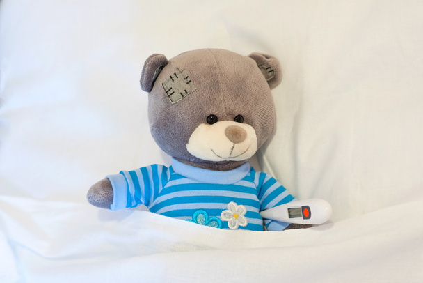 oso de juguete suave que sostiene un termómetro y mide la temperatura
 - Foto, Imagen