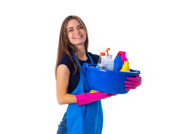 Woman holding cleaning things in washbowl - Fotoğraf, Görsel