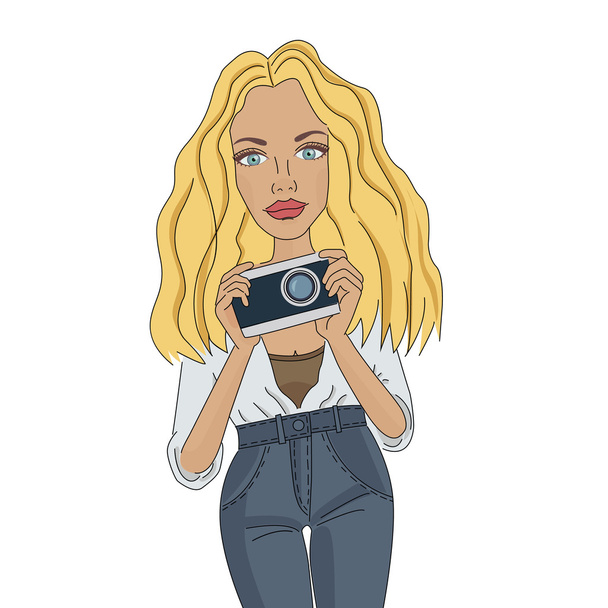 Beautiful girl with camera - Vector, Image