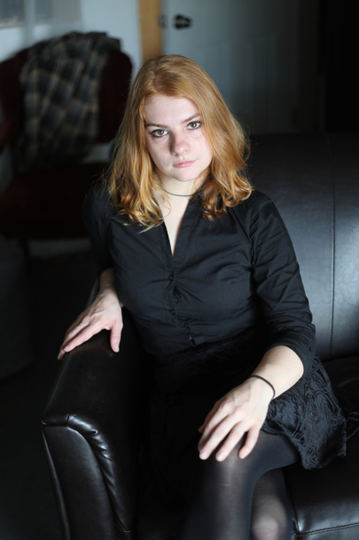 Red Haired Woman in Black Button-Down Shirt - Fotoğraf, Görsel