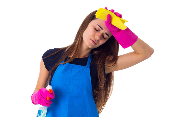 Mujer sosteniendo detergente y plumero
 - Foto, Imagen