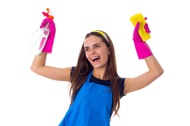 Woman holding detergent and duster - Fotó, kép