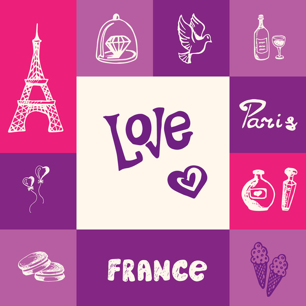 France and Paris Squared Doodle Vector Concept - Vector, Image