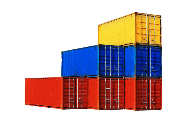 Šest různě barevných námořních kontejnerů naskládaných  - Fotografie, Obrázek
